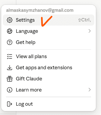 Меню аккаунта в Claude → Settings